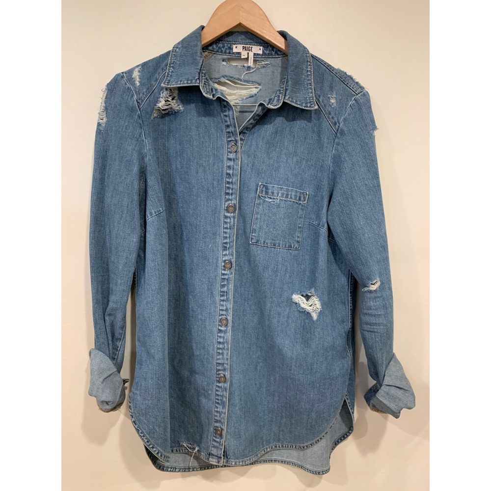 PAIGE Distressed Denim Shirt Size M 100% Cotton Grunge Boho Western Womens - Picture 4 of 10